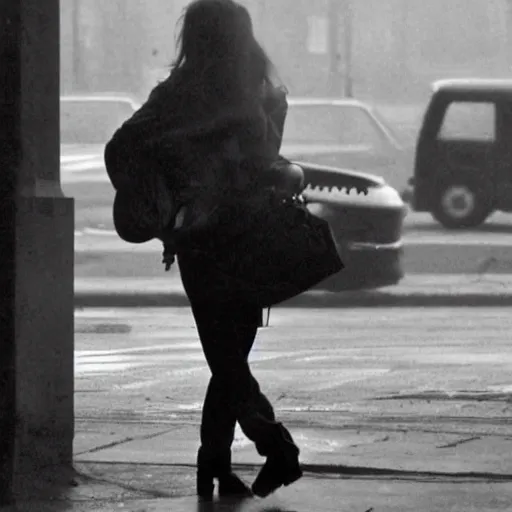 Prompt: Scarlett Johansson, lonely, with a electric guitar on his back, waiting at the bus stop on moody weather, rinat voligamsi