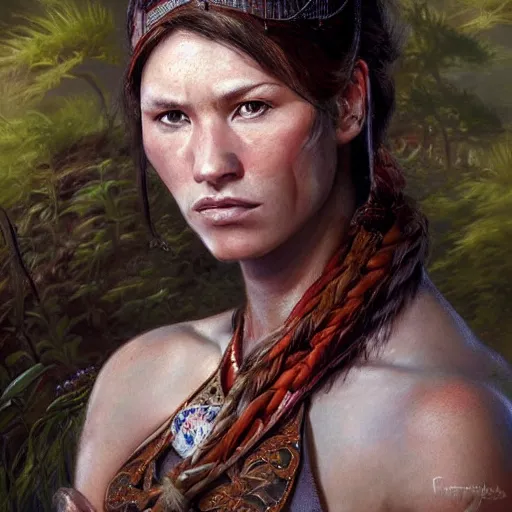 Prompt: portrait of a germanic hunter - gatherer tribe woman ( 3 5 ) from the the netherlands, an oil painting by ross tran and thomas kincade