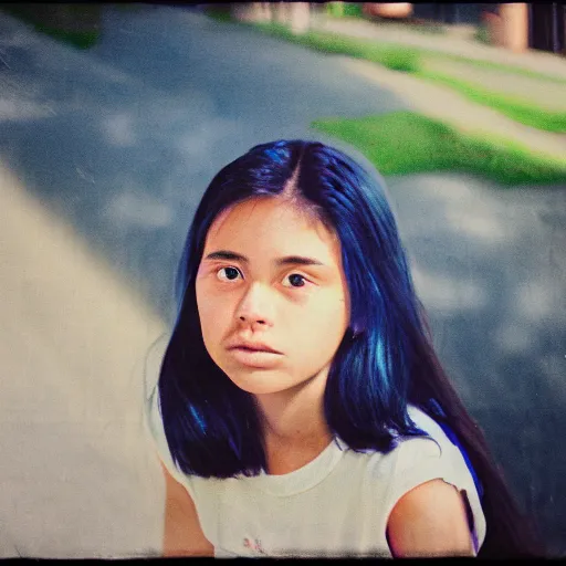 Image similar to a potrait of a girl who sitdown infront of a big school, blueish, kodak 4 0 0, photorealistic style, 8 k