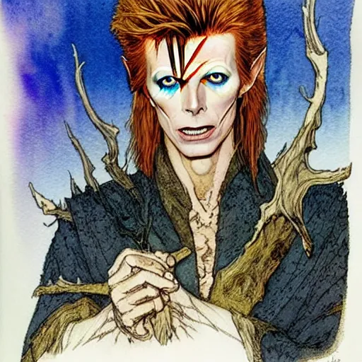 Prompt: a realistic and atmospheric watercolour fantasy character concept art portrait of david bowie as a druidic warrior wizard looking at the camera with an intelligent gaze by rebecca guay, michael kaluta, charles vess and jean moebius giraud