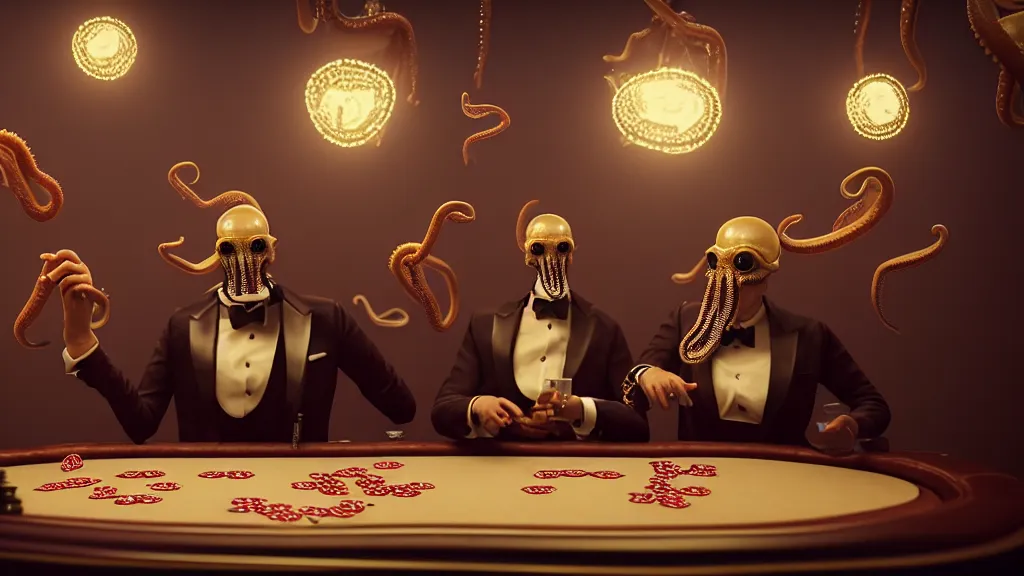 Image similar to hyperrealism simulation highly detailed human octopuses'wearing detailed tuxedos and smoking, playing poker in surreal scene from cyberpunk movie from future by wes anderson and denis villeneuve and mike winkelmann rendered in blender and octane render