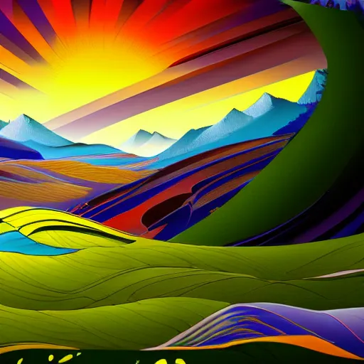 Prompt: discord banner of a beautiful landscape, sunset in the background, flowing art, sharp edge lines, complementary coloration, blue, green, red, purple, yellow