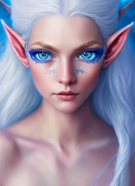Prompt: a beautiful portrait, gorgeous fantasy elf. professionally retouched, soft lighting, realistic, smooth face, gorgeous blue eyes, long white hair, pointed ears, wide angle, sharp focus on the eyes, 8 k high definition, insanely detailed, intricate, elegant, gorgeous, art by artgerm and wlop