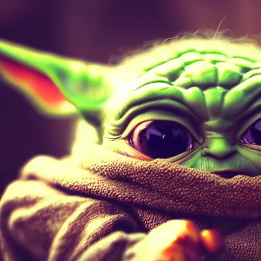 Image similar to baby yoda face closeup, strong bokeh, cinematic, high contrast, highly detailed