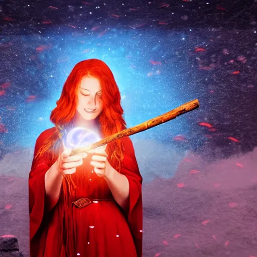 Image similar to red headed woman dressed in dark blue wizard robes holding a wooden staff covered in glowing red runes topped with a glowing gem. background of snowy mountains. fantasy painting.