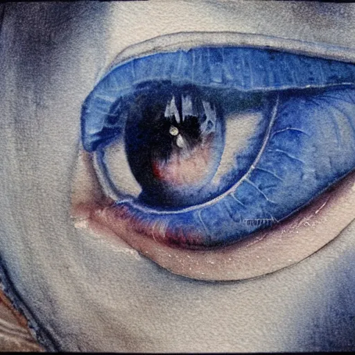 Prompt: close - up of an eye, blue iris, watercolor art, drew struzan illustration art, key art, portrait