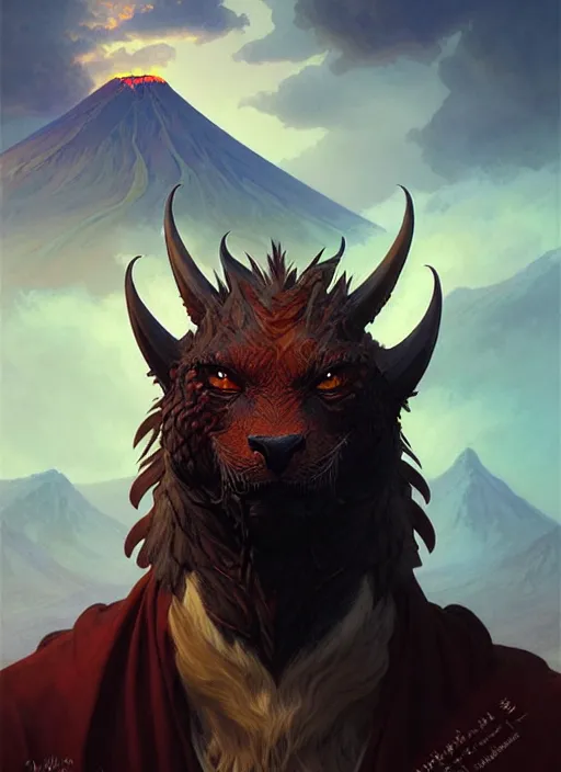 Prompt: Face portrait furry handsome dragon, Volcano landscape, fantasy magic, dark light night, sharp focus, digital painting, concept art, d&d, art by WLOP and Artgerm and Greg Rutkowski and Alphonse Mucha