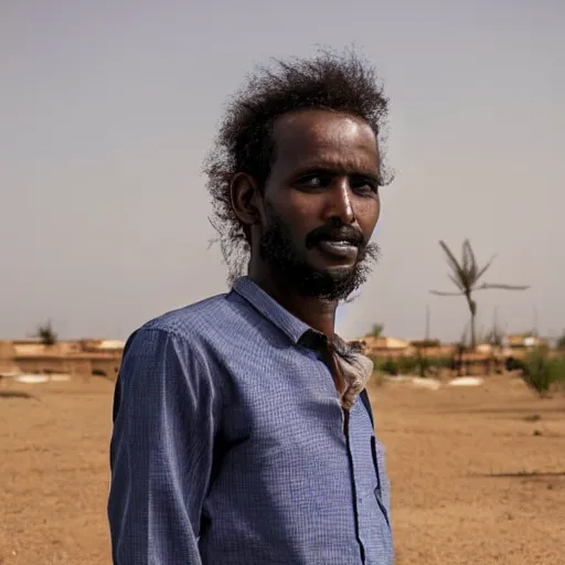 Prompt: a somali man, with long curly hair, on a clean background, beautiful, by etienne dinet