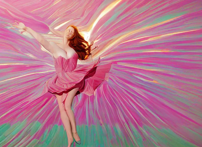 Prompt: portrait of christina hendricks dancing swirling in the morning sun - rays, pink clothes