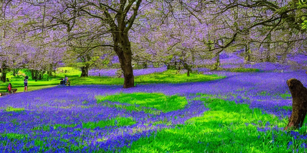 Image similar to a park filled with banks of bluebell flowers and a couple benches, containing a lake surrounded by a cobblestone walking path and crossed by a big beautiful sinuous bridge, scenery wallpaper, stylized, unsettling, and brilliantly colorful, haunted, dream-like, emotional, dramatic, romantic landscape, a few small shops here and there