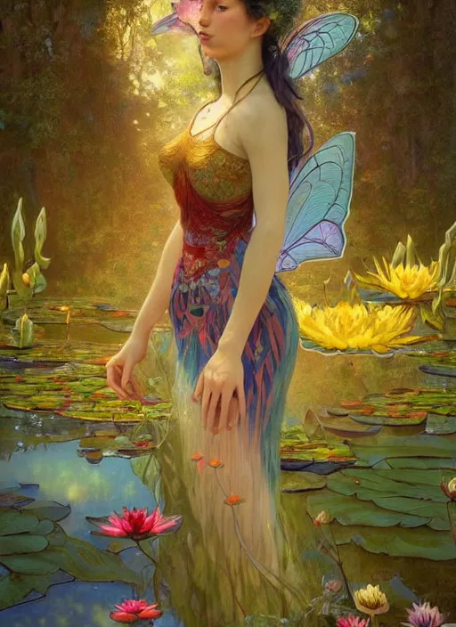 Image similar to portrait of a beautiful fairy, by a waterlily pond, coherent design, symmetrical, vivid color, complementary color, golden ratio, detailed, sharp lines, intricate, rainbowshift, by maxfield parrish, by peter mohrbacher, by karol bak, by alphonse mucha, deviantart, octane render