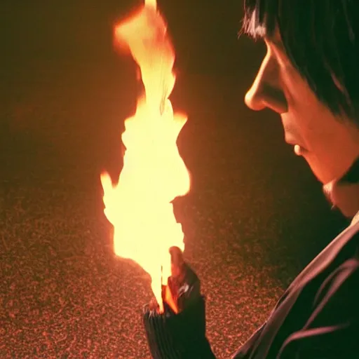 Image similar to cinematic film still of rapper JID starring as a Japanese Sensei with fire, Japanese CGI, VFX, 2003, 40mm lens, shallow depth of field, film photography