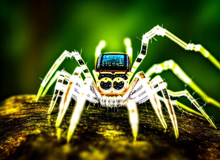 Image similar to macro portrait of a crystal spider in the forest. Fantasy magic style. Highly detailed 8k. Intricate. Nikon d850 300mm. Award winning photography.