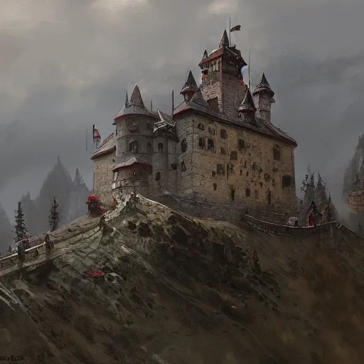 Image similar to large medieval castle on top of a mountain, artstation, jakub rozalski