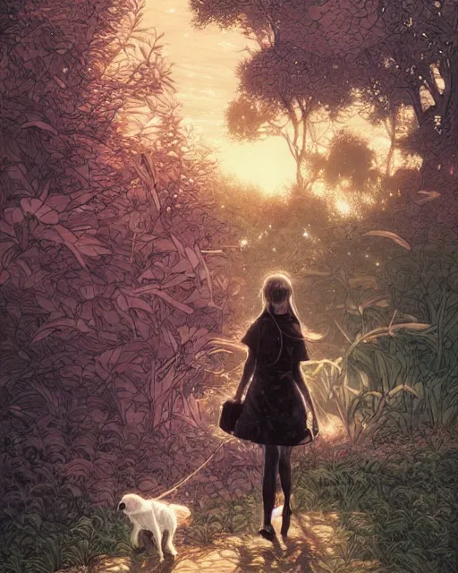 Image similar to a girl walking her small dog at the park, full shot, ambient lighting, detailed face, art by ayami kojima, makoto shinkai, kilian eng