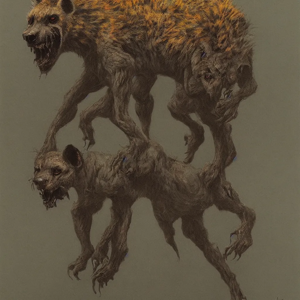 Prompt: demonic and deformed hyena, in the style of zdislaw beksinski