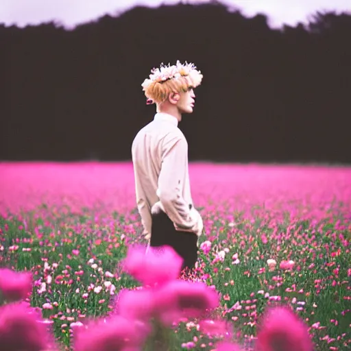 Image similar to kodak portra 4 0 0 photograph of a skinny blonde goth guy standing far back in a field of flowers, back view, flower crown, moody lighting, telephoto, 9 0 s vibe, blurry background, vaporwave colors, faded!,