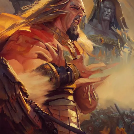 Image similar to greg manchess portrait of battle of horus lupercal and emperor of mankind, epic grimdark, fantasy, medium shot, asymmetrical, profile picture, organic painting, sunny day, matte painting, bold shapes, hard edges, street art, trending on artstation, by huang guangjian and gil elvgren and sachin teng