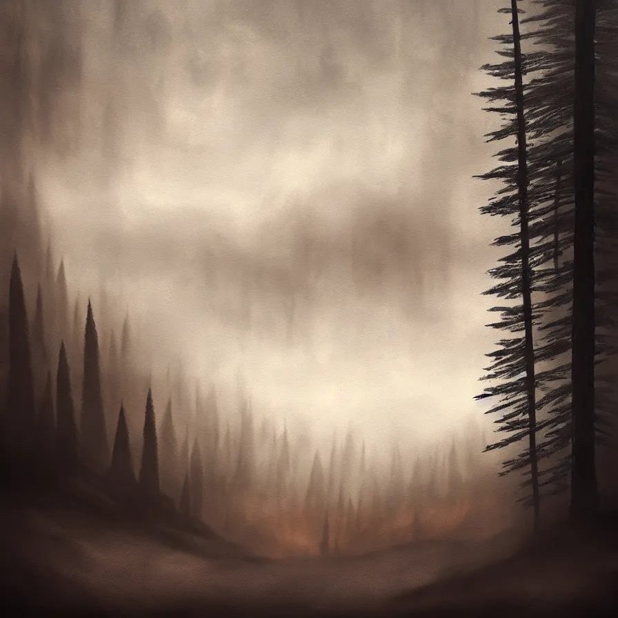 Image similar to symbolist atmospheric ink artwork of a road leading down the horizon through giant pine forests down a rocky mountain coast towards a majestic sunset. cloudy and foggy landscape, soft sepia tones, psychedelic, ultra realistic, concept art, modern art, photorealistic, octane render.