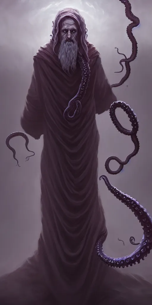 Image similar to a wizard that is slowly transforming into a tentacle monster, matte oil painting, concept art, d & d, robes, fantasy, fog, sharp focus, eldritch, award - winning, extremely detailed, 4 k, 8 k