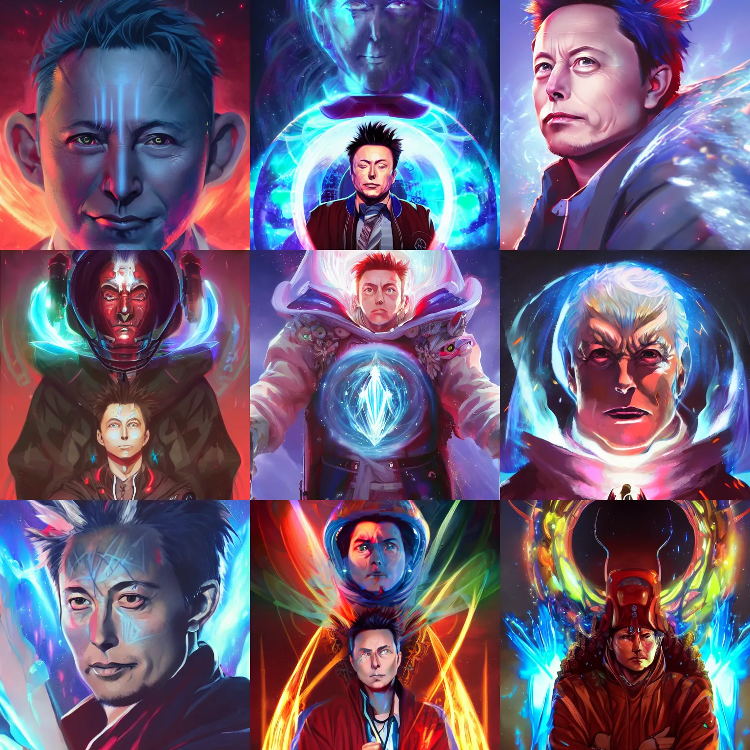 Image similar to anime portrait of Elon Musk as a shaman yedi using dark force to eliminate trump as an anime antagonist by Stanley Artgerm Lau, WLOP, Rossdraws, James Jean, Andrei Riabovitchev, Marc Simonetti, and Sakimichan, trending on artstation