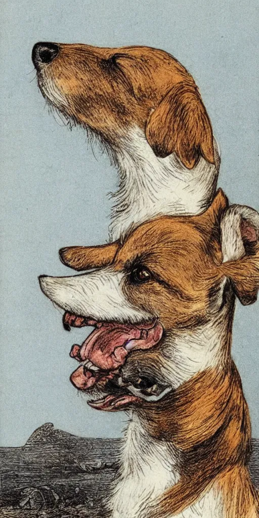 Image similar to jack russel dog looking up and howling with mouth open sad, night sky, highly detailed, side view, illustrated by peggy fortnum and beatrix potter and sir john tenniel