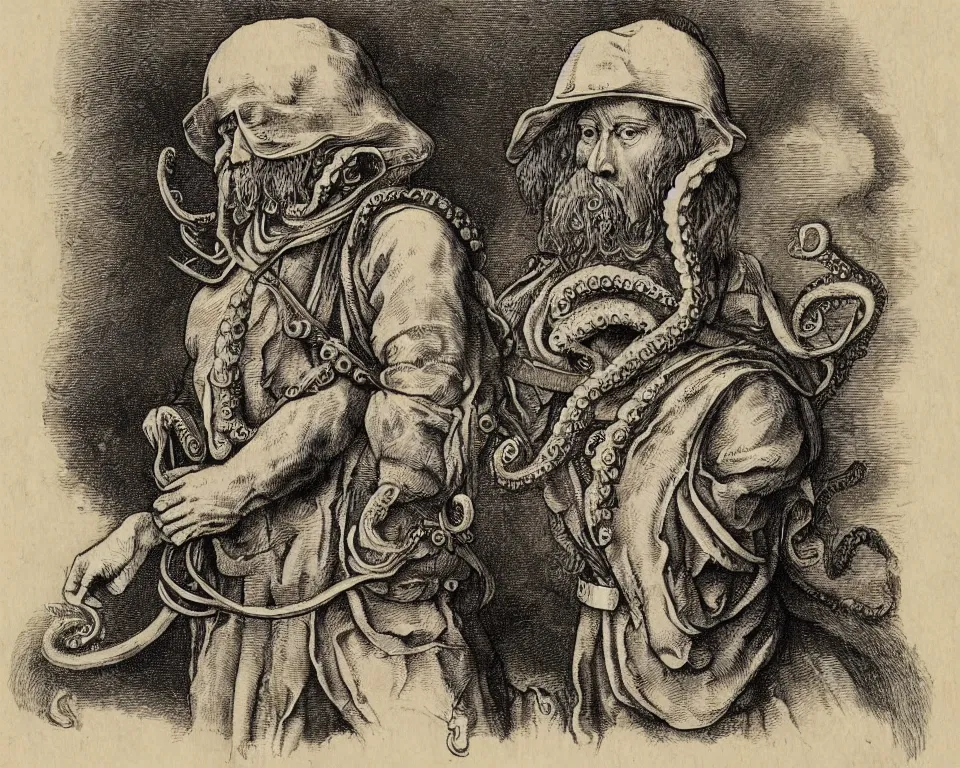 Prompt: A colonial soldier with an octopus head in the style of Albrecht Durer, engravin, black and white