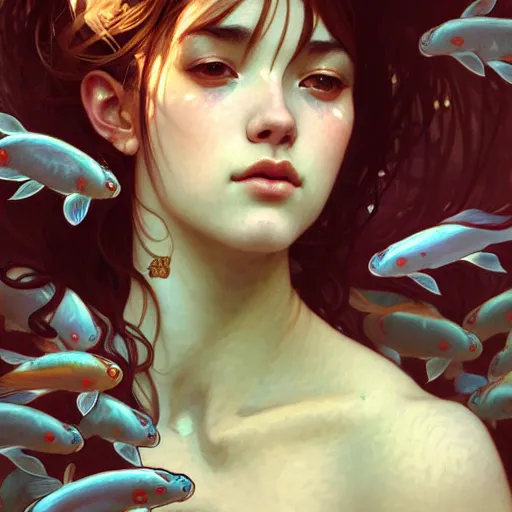 Image similar to Portrait of a girl surrounded by Koi fish, face, fantasy, intricate, elegant, highly detailed, digital painting, artstation, concept art, smooth, sharp focus, illustration, art by Krenz Cushart and Artem Demura and alphonse mucha