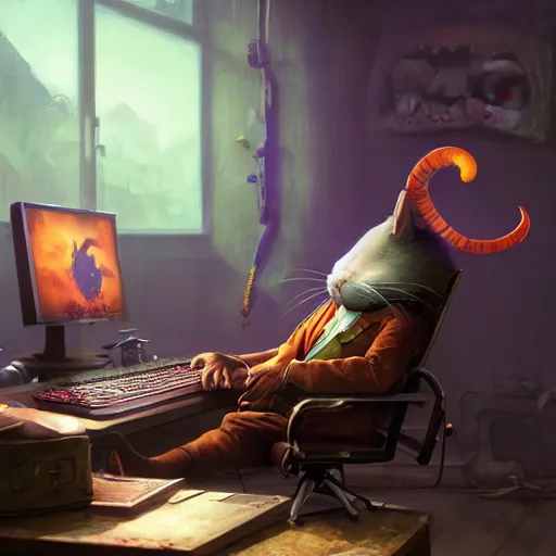 Prompt: Rat clown Joker sitting on gamers chair on gaming computer typing on led keyboard, gaming, gamers keyboard, dark and gloom, extremely detailed oil painting, unreal 5 render, rhads, Bruce Pennington, Studio Ghibli, tim hildebrandt, cinematic, octane render, beautiful composition, trending on artstation, award-winning photograph, masterpiece