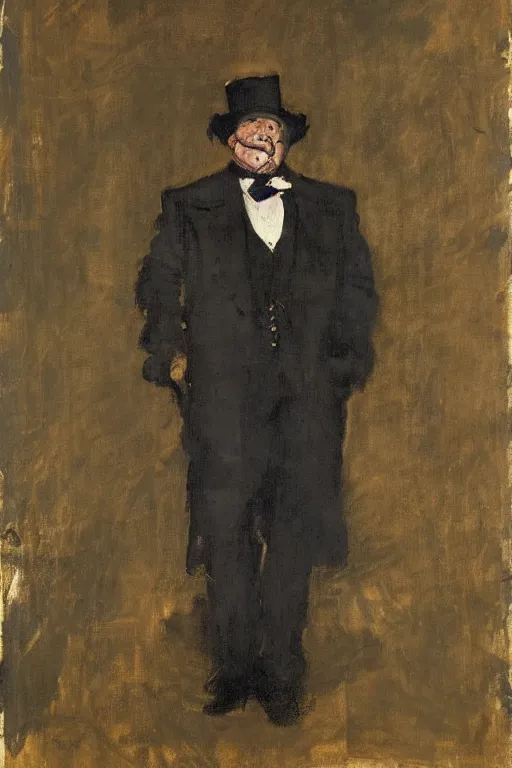 Image similar to portrait of a hulking herculean danny devito as a gentleman wearing an edwardian suit and top hat by walter sickert, john singer sargent, and william open