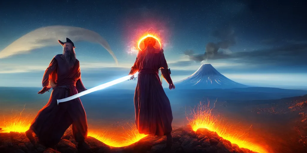 Image similar to levitating wizard wielding a sword, opening a shining portal, night sky, horizon of an erupting volcano, 4 k, ultra realistic, detailed, epic lighting, high detail, masterpiece, trending on artstation