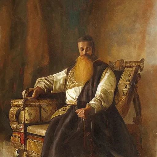 Prompt: a masculine king sitting on chair, he is in control, painting
