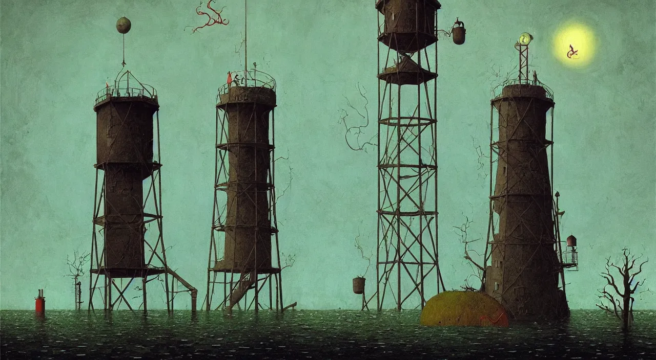 Image similar to single flooded simple!! ( lovecraftian ) water tower anatomy, very coherent and colorful high contrast masterpiece by norman rockwell franz sedlacek hieronymus bosch dean ellis simon stalenhag rene magritte gediminas pranckevicius, dark shadows, sunny day, hard lighting