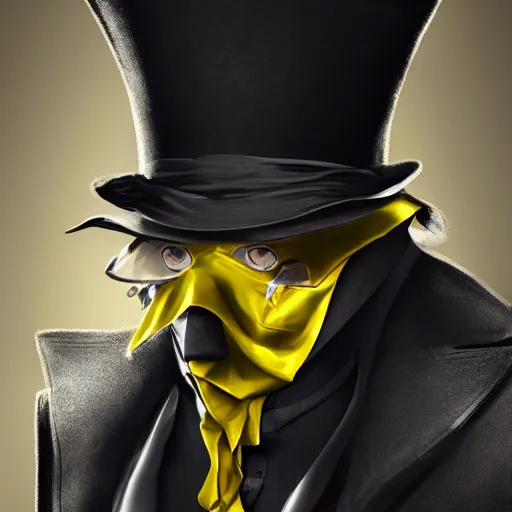 Image similar to a highly detailed portrait of a man in a high top hat covering his face, in a black tailcoat with a yellow waistcoat under the tailcoat, artstation, deviantart, professional, unreal engine 5, photorealistic