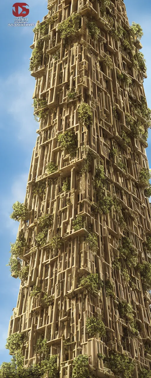Prompt: eye level view of a contemporary babylon tower, golden intricate details, stone facade, sacred architecture, hanging gardens, cascading highrise, arid mountains with lush palm forest, photorealistic, sunlight, post - production, octane, cgi, sfx