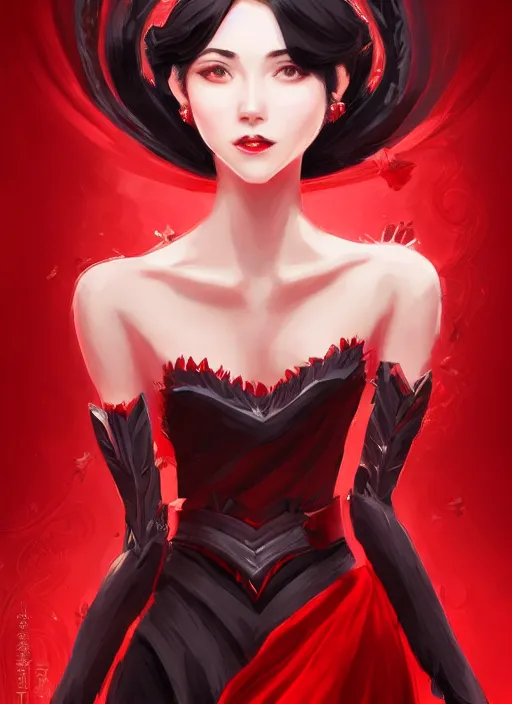 Prompt: a highly detailed illustration of hime cut black haired woman wearing red dress, dramatic smiling pose, intricate, elegant, highly detailed, centered, digital painting, artstation, concept art, smooth, sharp focus, league of legends concept art, wlop