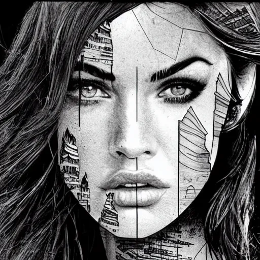 Image similar to double - exposure effect of megan fox face blended with beautiful mountains, in the style of dan mountford, amazing detail, black and white, tattoo sketch