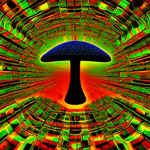 Image similar to mushroom ufo logo on black background, 3d, trippy glitched digital art, artstation, cgsociety