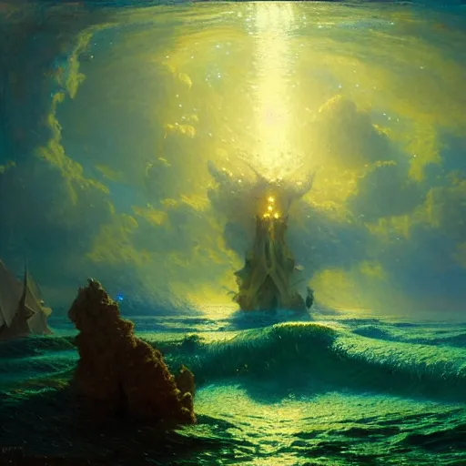 Image similar to point of view of deep in the ocean looking up, you see fishes, higher up you see very clearly the milk way illuminating the sea down bellow, night time. highly detailed painting by gaston bussiere, greg rutkowski 8 k