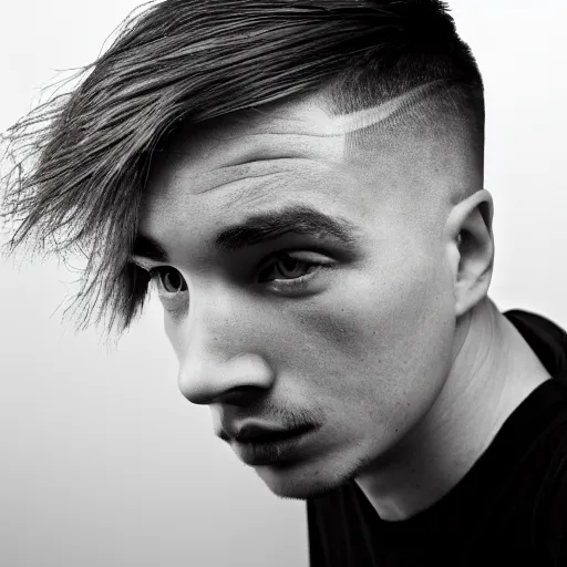 Image similar to a guy with a terrible ugly absurde haircut, studio lighting, head close up