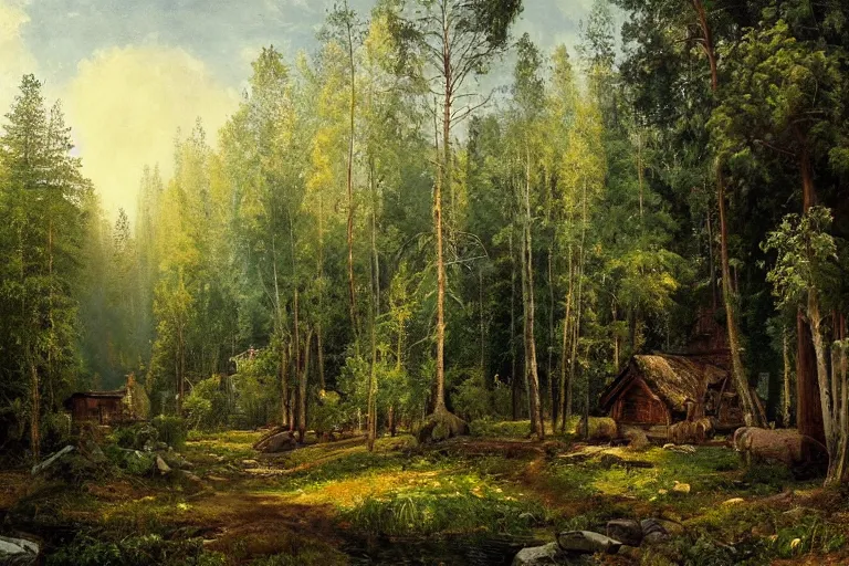 Image similar to A beautiful painting of russian village in dark forest by ivan shishkin and arkhip kuindji, trending on artstation,matte painting