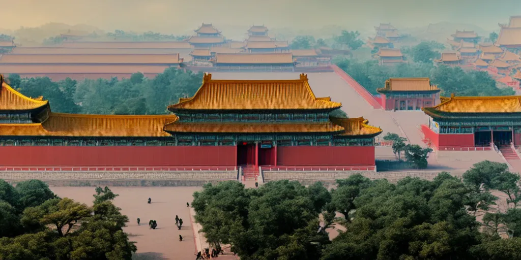 Image similar to a very high resolution image from a new movie, cyberpunk building, forbidden city, fantasy, wideshot, photorealistic, photography, directed by wes anderson