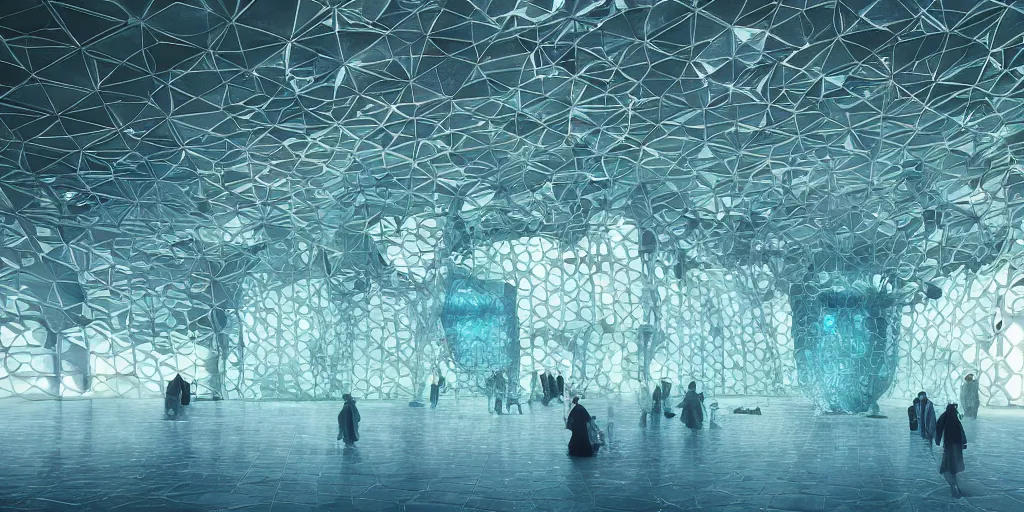 Image similar to futuristic translucent iridescent mosque hive power architecture by Buckminster Fuller and photo by denis villeneuve , inspired by Mining by Risa lin on art station