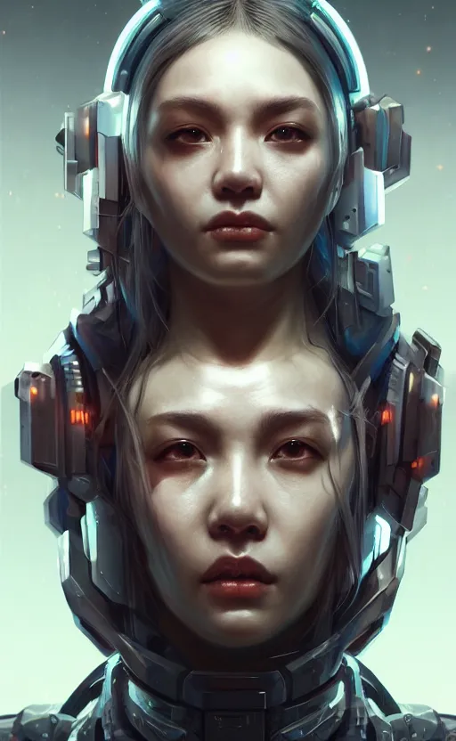 Image similar to a hyper detailed octane render concept art by xision wu, kerem beyit, sandara tang portrait of cyberpunk cyborg, dim lighting, detailed portraits, unreal engine 5, highly rendered,, digital painting, artstation, concept art, smooth, sharp focus perfect horizontal ， symmetry illustration, detailed and intricate environment artstation hq