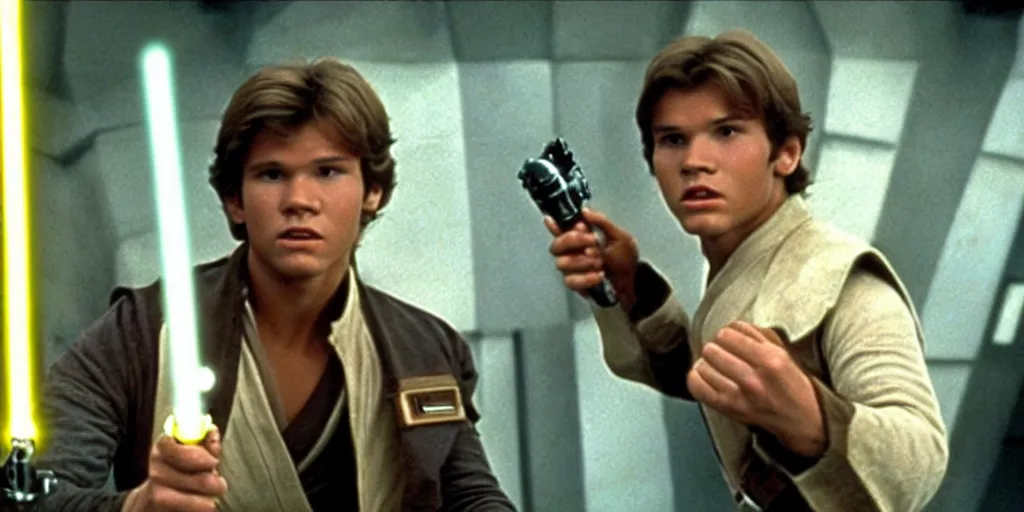 Image similar to A full color still from a film of a teenage Han Solo as a Jedi padawan holding a lightsaber hilt, inside a sci-fi building, from The Phantom Menace, directed by Steven Spielberg, 35mm 1990