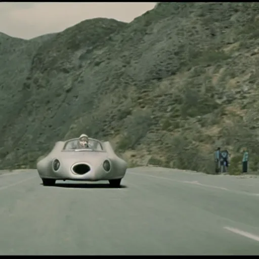 Prompt: man chased by a flying car, movie still of James bond, highly detailed