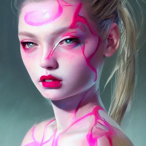Image similar to Portrait of beautiful girl with luscious full pouty lips, huggy wuggy from poppy playtime video game, neon face paint, striking eyes, fullbody, ultra high detailed, oil painting, Greg Rutkowski, Charlie Bowater, Yuumei, Yanjun Cheng, unreal 5, DAZ, hyperrealistic, octane render, RPG portrait, dynamic lighting, fantasy art, beautiful face