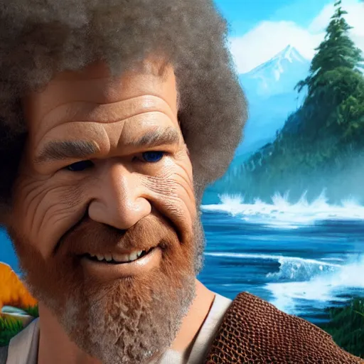 Image similar to a closeup photorealistic photograph of bob ross working on a canvas painting of aquaman. film still. brightly lit scene. mountains and trees. this 4 k hd image is trending on artstation, featured on behance, well - rendered, extra crisp, features intricate detail, epic composition and the style of unreal engine.