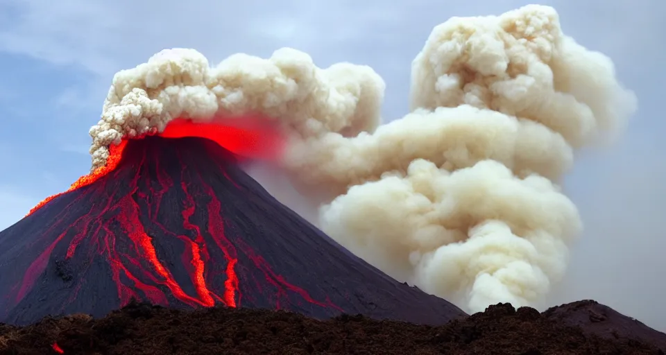 Prompt: a volcano made of ivory vines and crimson rocks enters in eruption, it spits a smoke in the shape of demonic eye, from Warcraft