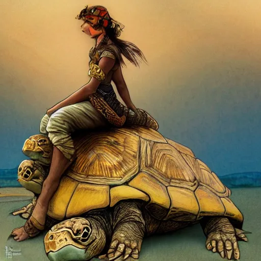 Image similar to a little warrior girl sitting on top of a giant turtle that is walking in the desert, seen from a distance. the girl is fully visible and has dark skin, realistic full body and a very beautiful detailed face with long black hair. diffuse light, dramatic sky and landscape, fantasy illustration by mucha